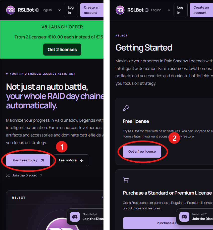 Home page with Start Free Today circled (1), then Getting Started with Get a free license circled (2)