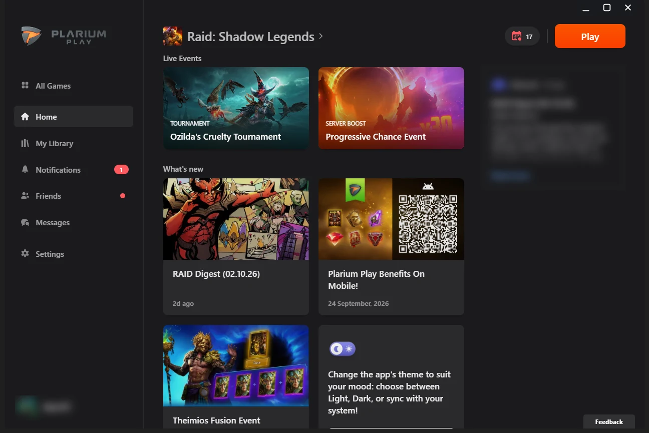 In Plarium: Plarium Play → RAID: installed-game page with Play visible