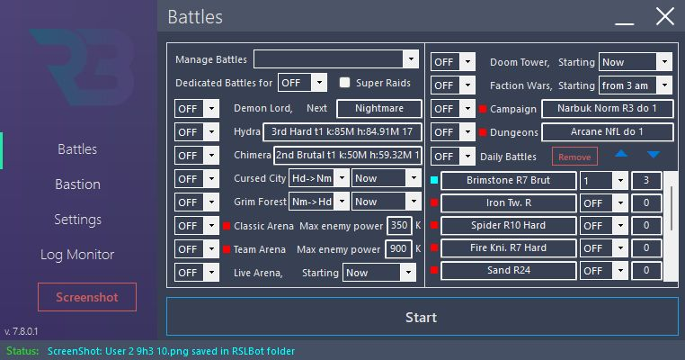 RSLBot: four main areas and all battle modules OFF