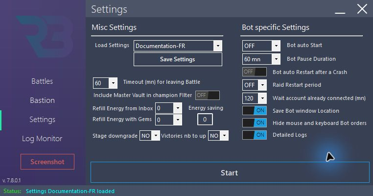 Documentation-FR profile: Auto Start OFF, zero gems and Detailed Logs ON