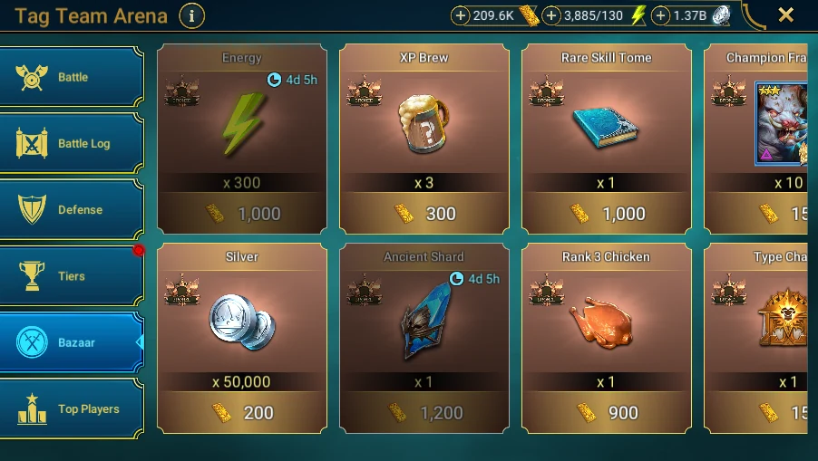 In Plarium: Bastion → Battle → Arena → Tag Team Arena → Bazaar: offers and prices, without purchasing or refreshing