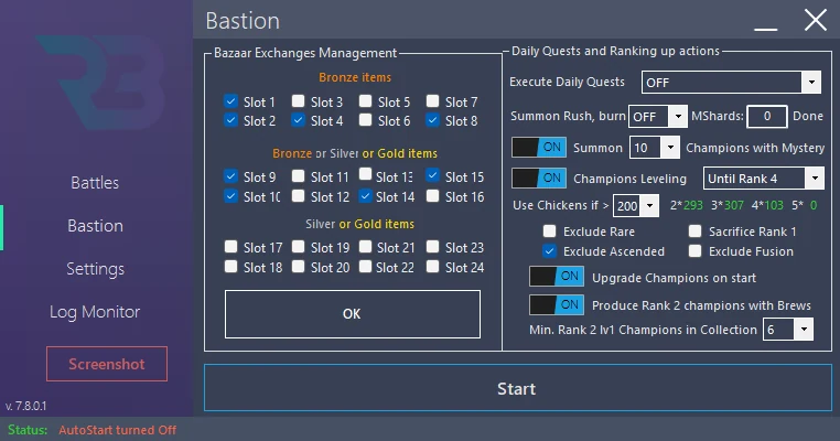 In RSLBot: Bastion → Bazaar → Manage: slots visible, Bazaar OFF, without changing selections