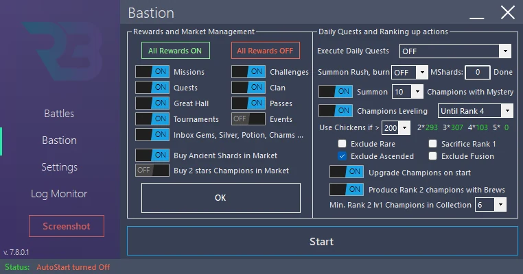 In RSLBot: Bastion → Rewards and Market → Manage: categories and purchases visible, all processing options stopped