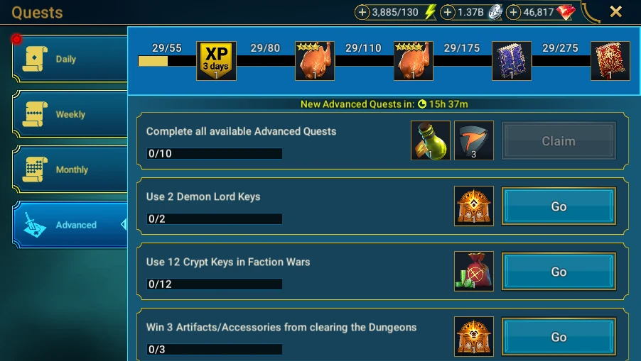 In Plarium: Quests → Advanced: objectives and conditions visible, without Claim or performing an objective