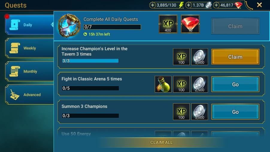 In Plarium: Bastion → Quests → Daily: today's objectives and progress, without Claim