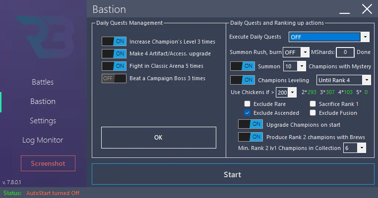 In RSLBot: Bastion → Execute Daily Quests → Manage Daily Quests: complete panel, execution OFF