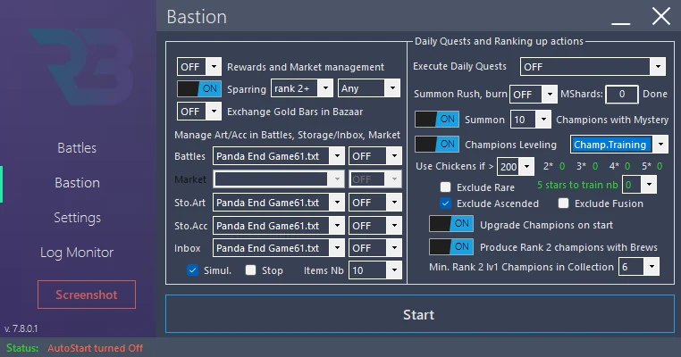 In RSLBot: Bastion: Champions Training panel and progression targets, processing OFF
