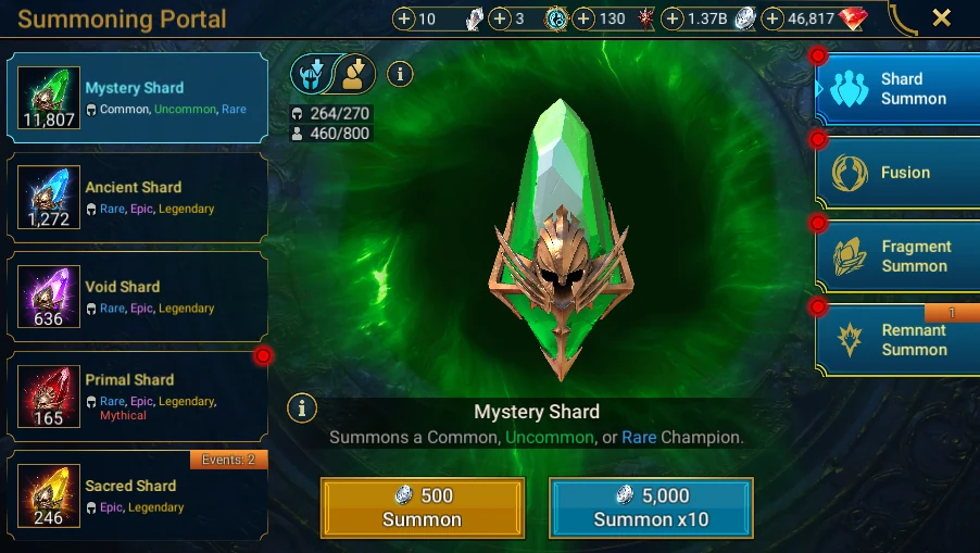 In Plarium: Bastion → Portal → Mystery Shard: shard type, quantity and summon buttons visible