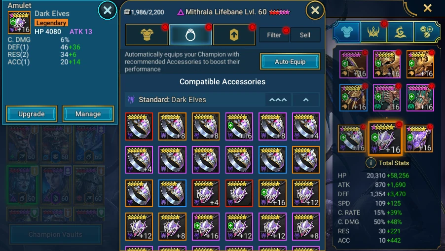 In Plarium: Bastion → Champions → a champion → Artifacts → open an accessory slot (ring, amulet or banner) → Storage: accessory grid and filters, without Sell/Upgrade