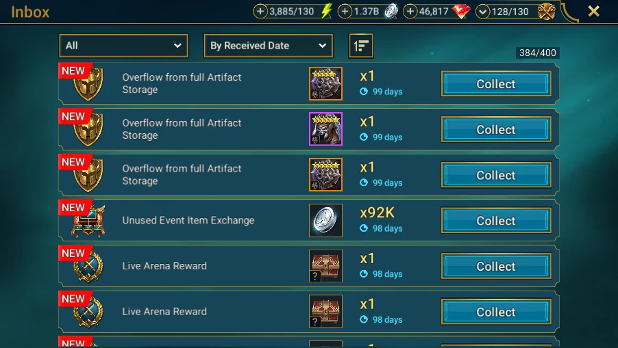 In Plarium: Bastion → Inbox: equipment category if available, without collecting or selling