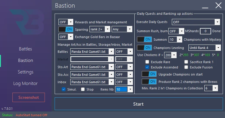 In RSLBot: Equipment-management panel: selected rule file, Simul