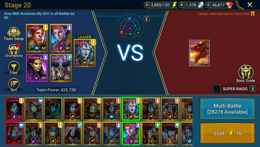 In Plarium: Bastion → Battle → Dungeons → Dragon's Lair → Normal → Stage 20: preparation with the same team as the bot, difficulty/stage and cost visible, without Start