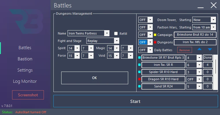 In RSLBot: Iron Twins configuration: stage/teams by affinity and refills disabled, module OFF
