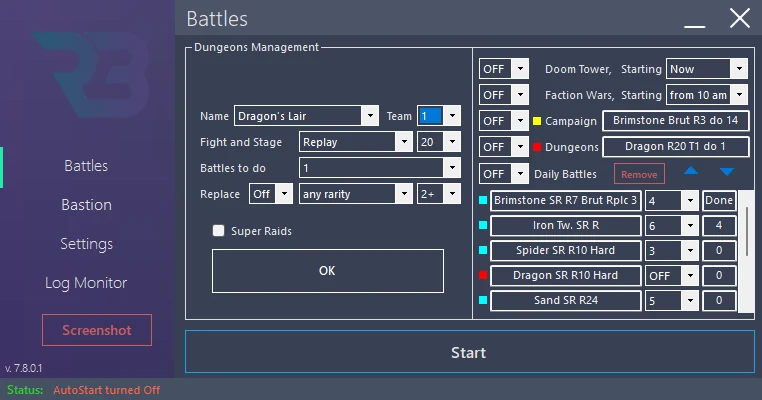 In RSLBot: Battles → Dungeons → Manage: Dragon's Lair, Normal, stage 20, an already saved team, 1 battle, Replay, replacement OFF and Super Raids unchecked