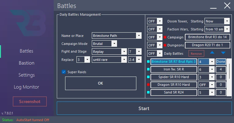 In RSLBot: Battles → Daily Battles → Manage: Brimstone Path Brutal entry detail, stage 7, Replay, 4 battles, replace 3 until rare (levels 2-4), Super Raids checked