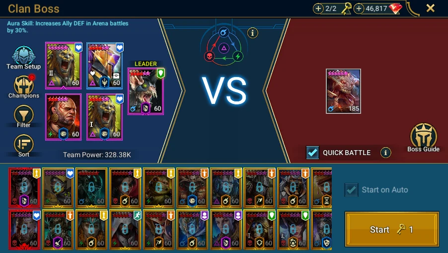 In Plarium: Bastion → Battle → Clan Bosses → Demon Lord: scroll to Nightmare, then open team preparation before battle