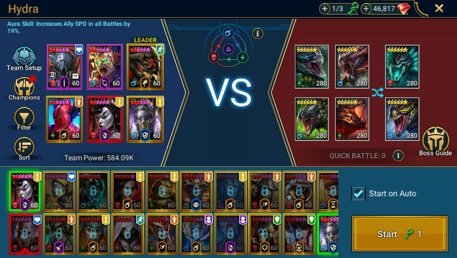 In Plarium: Bastion → Battle → Clan Bosses → Hydra → Hard: selection/preparation of the team matching the bot number, difficulty and keys visible, without launching