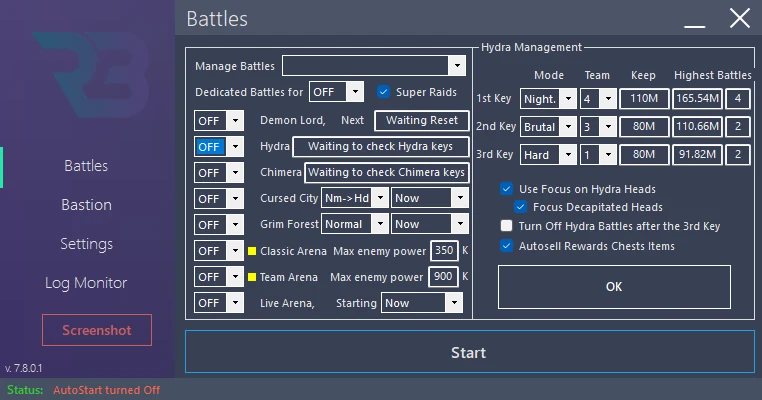 In RSLBot: Battles → Hydra → Manage: three key entries, Mode/Team/Keep/Best/Tries columns, Turn off and AutoSell