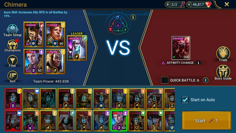 In Plarium: Bastion → Battle → Clan Bosses → Chimera: choose the bot's difficulty and show team preparation without using the key