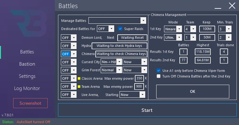 In RSLBot: Battles → Chimera → Manage: two keys, difficulty/team, Keep, minimum trials, counters and Viper visible, module OFF