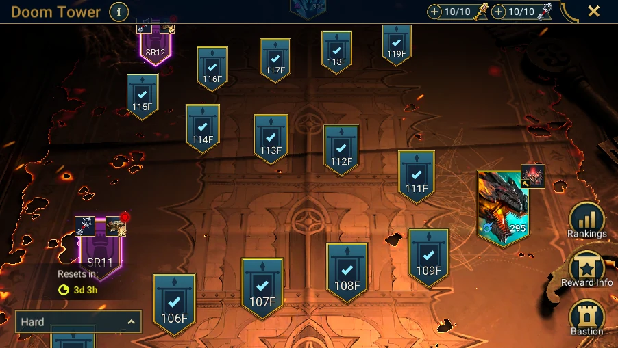 In Plarium: Bastion → Battle → Doom Tower: map of the configured difficulty, target floor/boss visible, without using a key