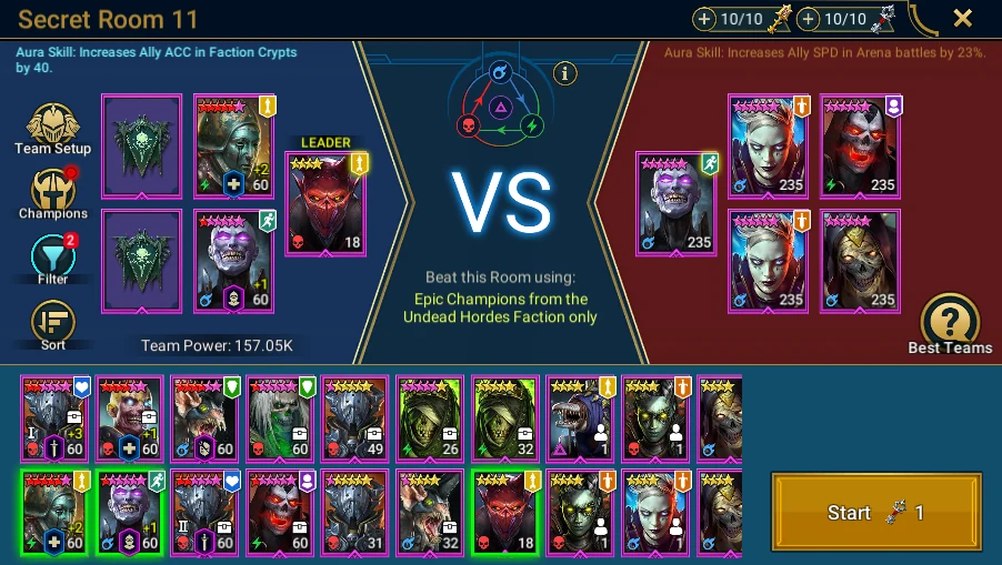 In Plarium: Doom Tower → Secret Rooms → accessible room: restrictions and pre-battle team, without Start