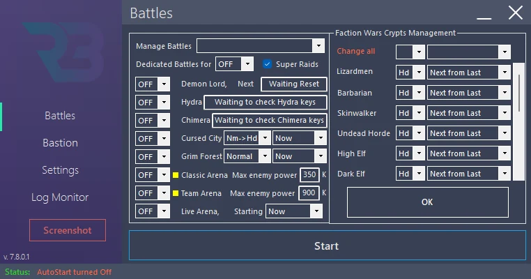 In RSLBot: Battles → Faction Wars → Manage: several faction entries, modes/stages/teams and Change All visible, module OFF