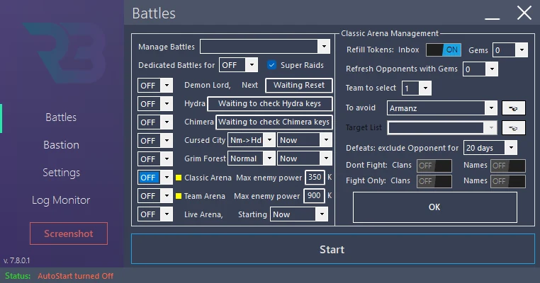 In RSLBot: Available champion fight/avoid lists and player/clan opponent options