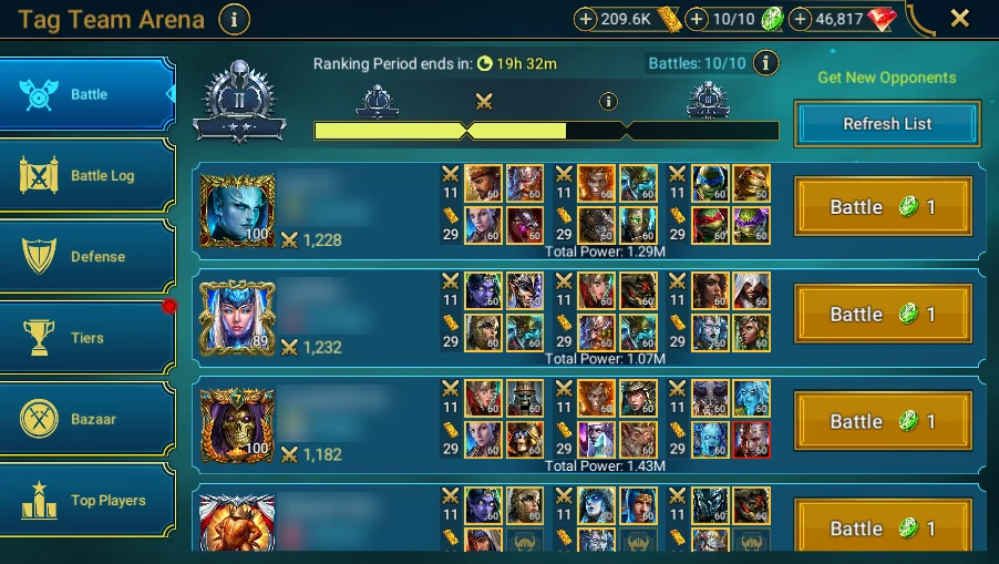 In Plarium: Bastion → Battle → Arena → Tag Team Arena: opponent list and three teams if expandable without engagement, powers visible and names/clans masked