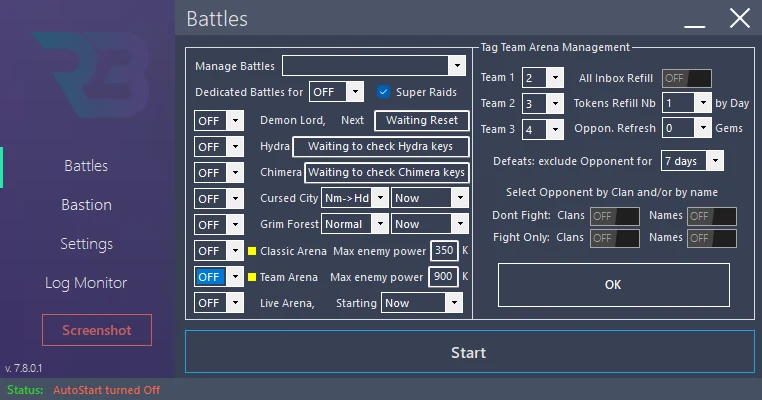 In RSLBot: Battles → Tag Team Arena → Manage: Team 1/2/3, power limits and zero gem spending, module OFF