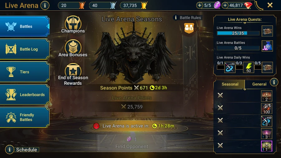 In Plarium: Bastion → Battle → Arena → Live Arena: landing screen, opening times and resources visible
