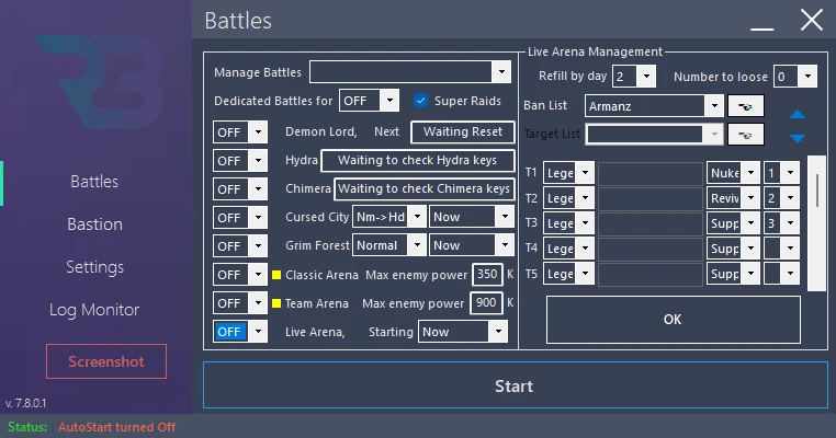 In RSLBot: Battles → Live Arena → Manage: T/S entries, categories, substitutes, order, leader and bans, module OFF