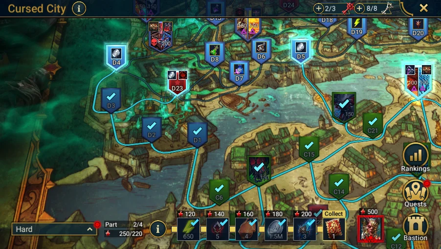 In Plarium: Bastion → Battle → Cursed City: map matching the bot's difficulty, name/difficulty visible
