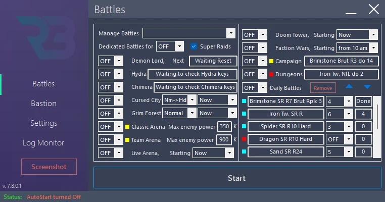 In RSLBot: Battles: Cursed City panel, difficulty/route, start time and main-vault selection, module OFF