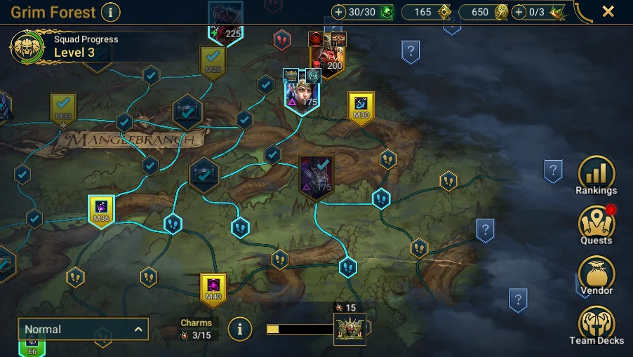 In Plarium: Bastion → Battle → Grim Forest → Normal: current map, keys and difficulty visible