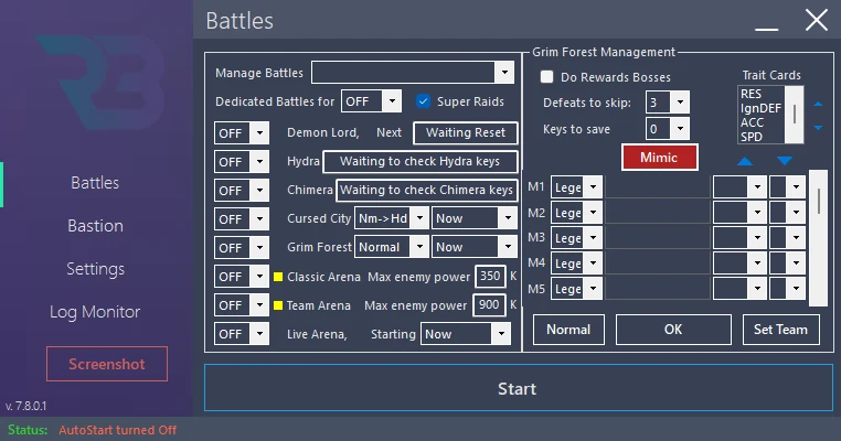 In RSLBot: Same difficulty, Mimic profile: starter/substitute order visible