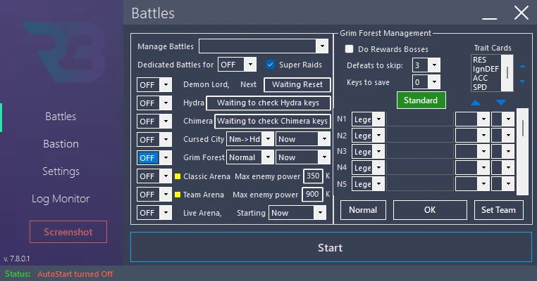 In RSLBot: Grim Forest panel: trait-card statistic order, key reserve and defeat limit visible