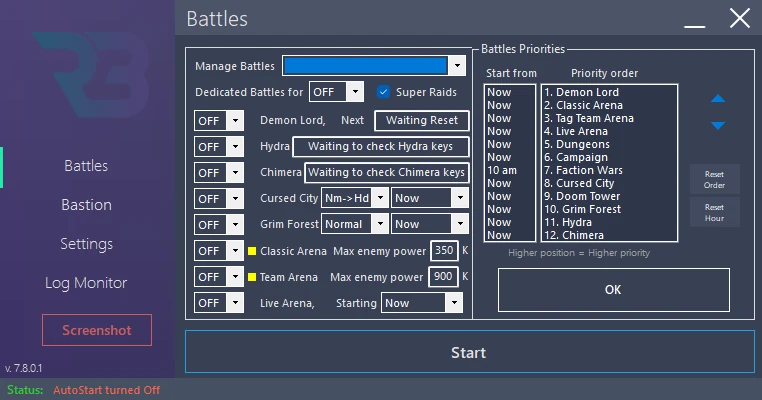 In RSLBot: Battles → Manage Battles → Manage Priorities: full family list, arrows and times including NOW visible